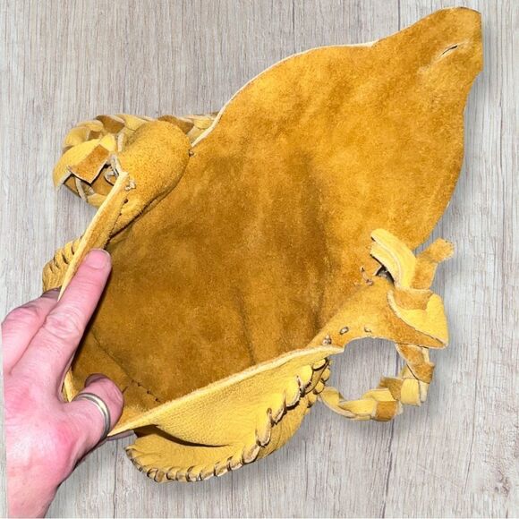 8” Leather Drum Pouch Hand Bag/Medicine Pouch with Button Closure Braided Strap - Picture 2 of 7